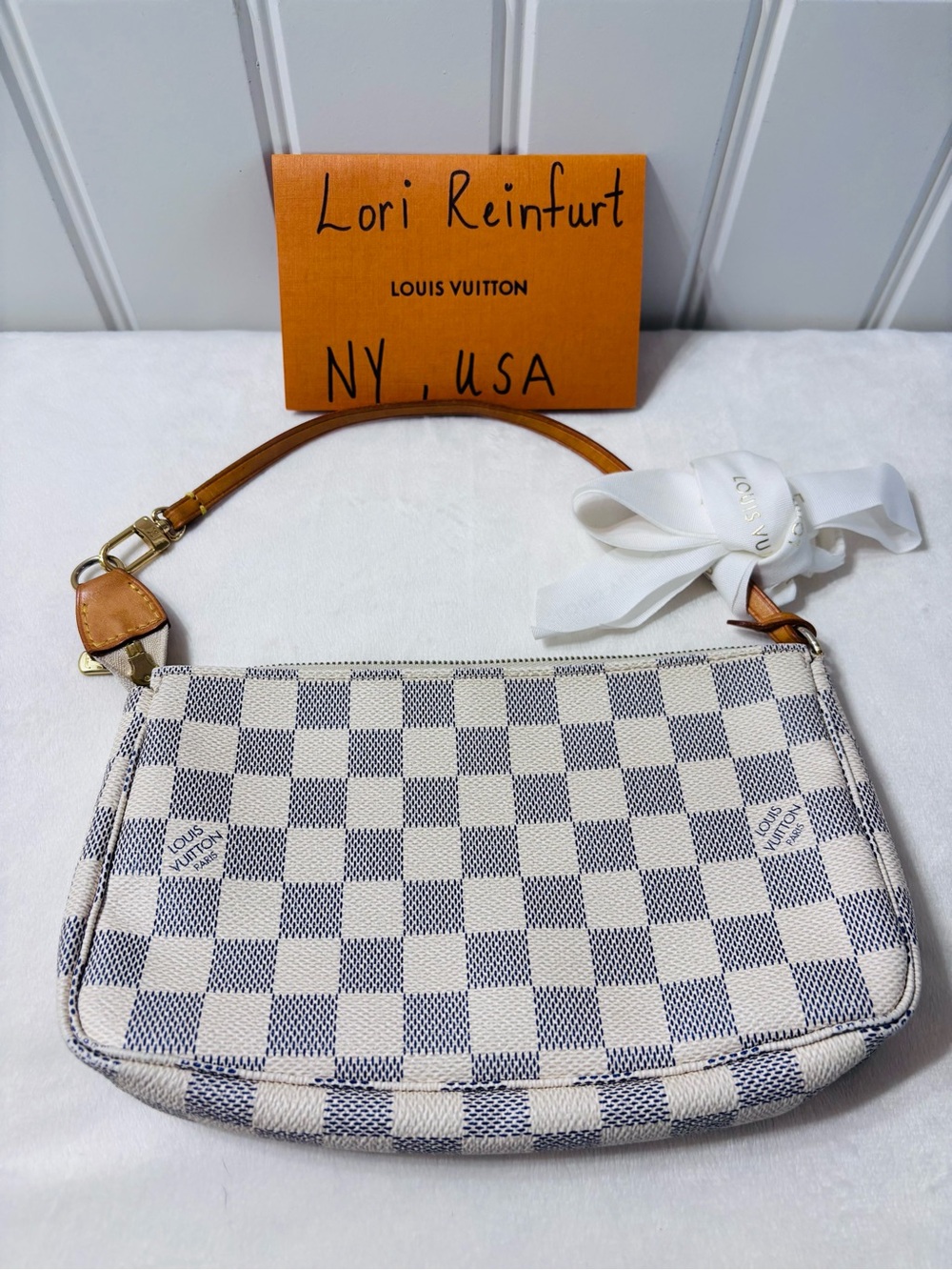 Louis Vuitton Damier Azur Mini Pochette in Blue and White with Tan Strap